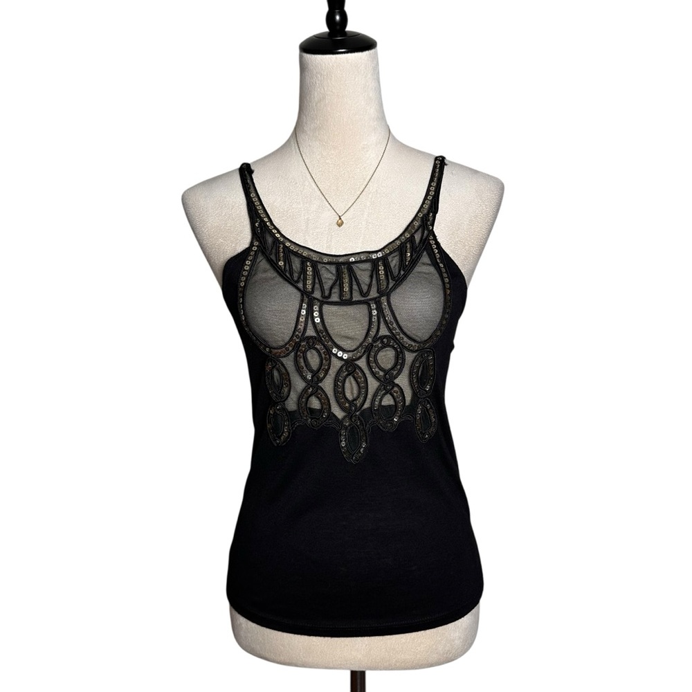 Black Sheer Mesh Embellished Tank Top Boho Festival Goth Y2K Spaghetti Strap